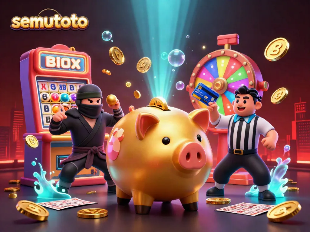 Semuttoto menghadirkan suasana berpesta dengan karakter bank piggy besar yang memecahkan uang logam dengan suasana permainan lotere yang menggembirakan.
