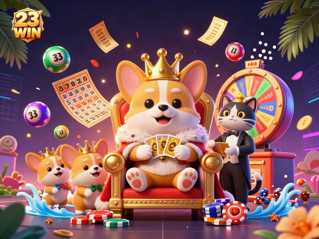 Experience the thrill of 23WIN with vibrant casino elements and royal characters in this action-packed illustration.