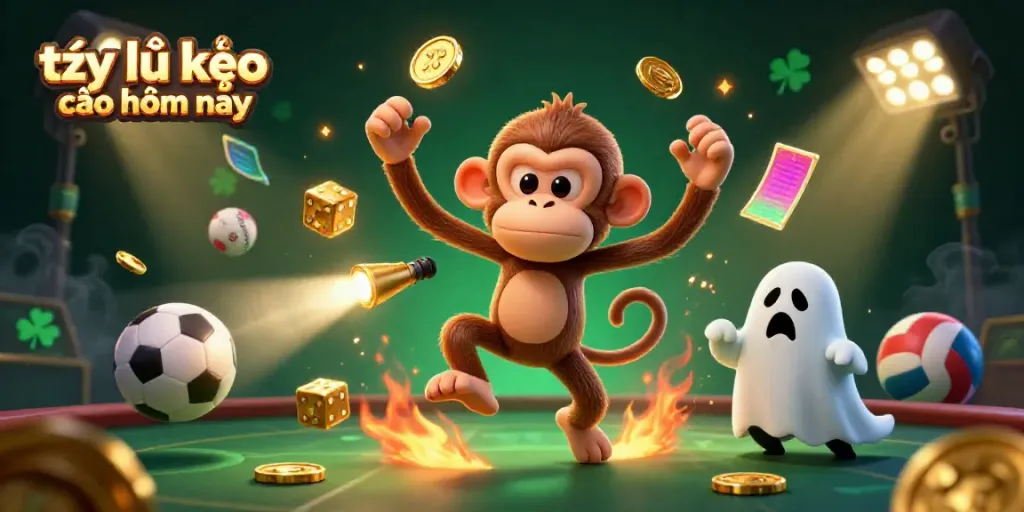 Tỷ lệ kèo nhà cái hôm nay showcased in a lively casino scene with a playful monkey juggling golden elements and a curious puppy tracking it.