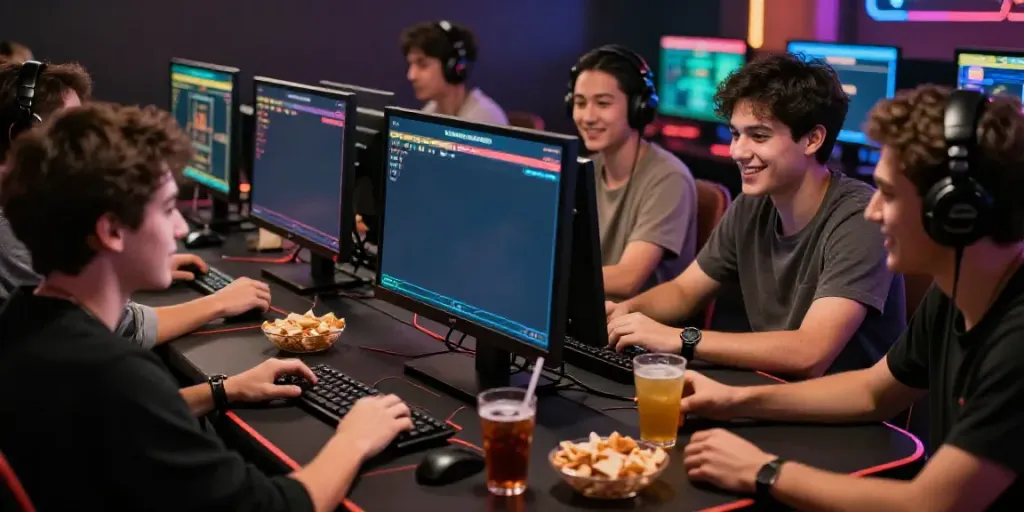 Kelompok teman sedang bermain game taruhan online di lingkungan yang ceria dengan layar warna-warni, menampilkan alexistoto dan hasil permainan.