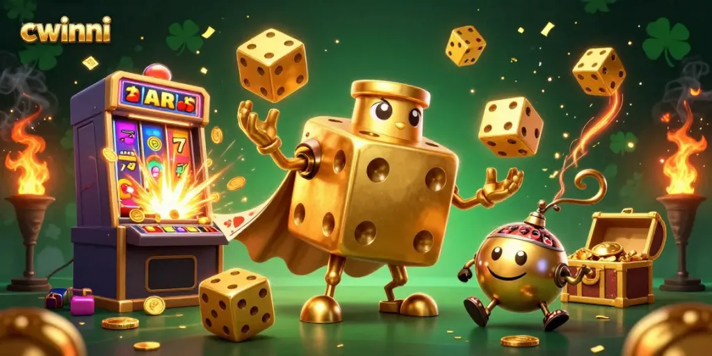 Experience vibrant gambling action with cwinni's animated golden dice and jackpot explosion.