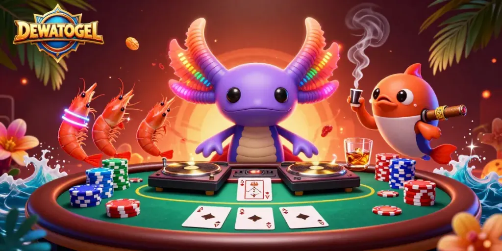 Engaging scene showcasing DEWATOGEL with a neon-colored axolotl DJ and gambling elements, perfect for lively gaming experiences.