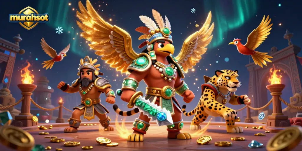 Engage in gameplay with murahslot featuring a dynamic illustration of Aztec warriors amidst slot elements and treasure.