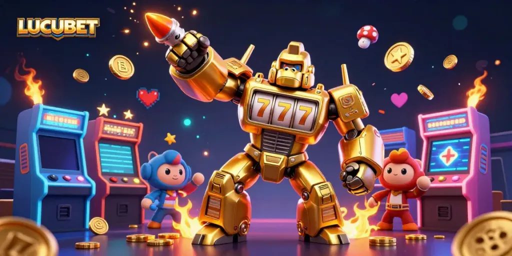 Experience thrilling action with LUCUBET as a golden gorilla mech brings slot games to life.