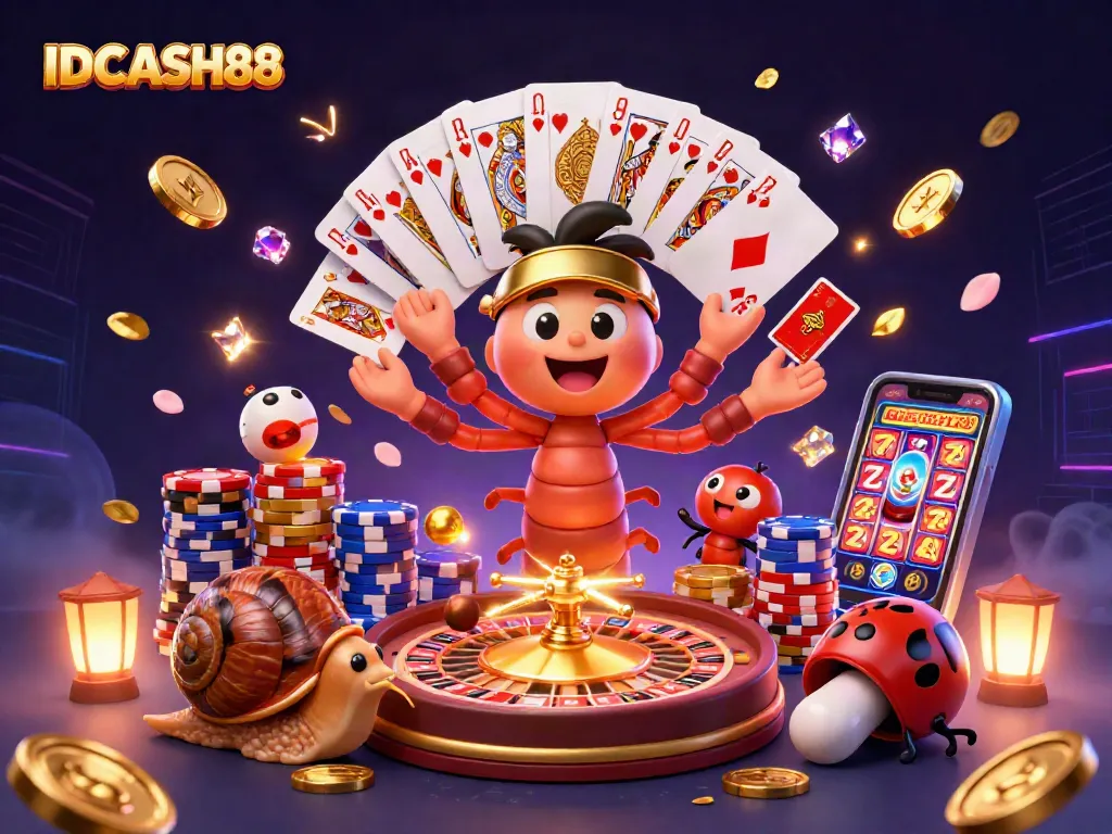 Experience thrilling gambling action with IDCASH88's vibrant 3D scene featuring a millipede dealer and high-roller snail.