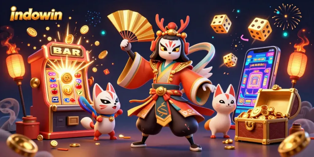 Indowin menghadirkan momen jackpot dari mesin slot dengan karakter menarik dan efek berkilau.