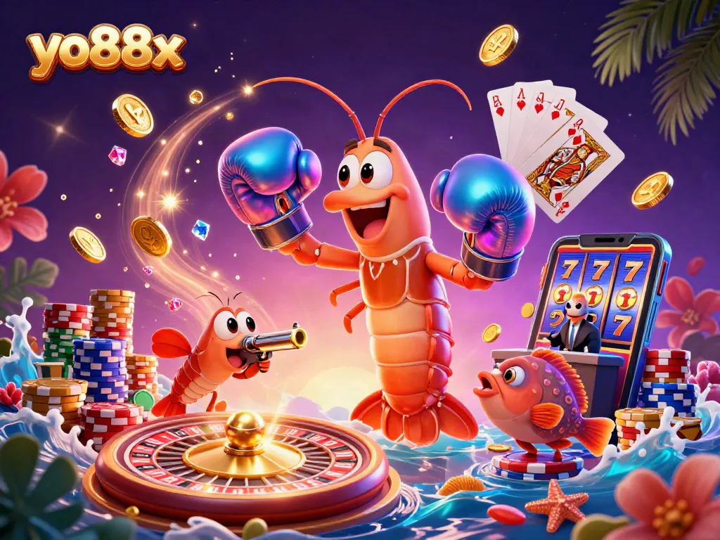 Spin to win at yo88x: vibrant casino scene featuring shrimp characters and dynamic game elements.