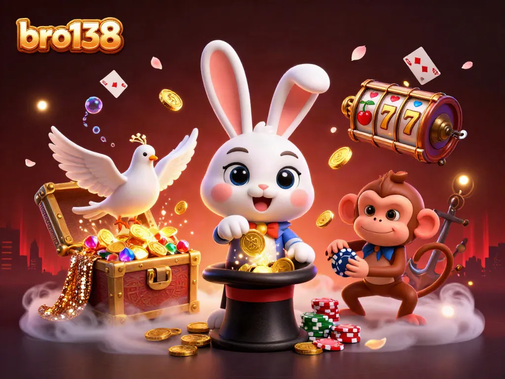 Engage in excitement with bro138 as a magician rabbit reveals golden coins amidst slot reels.