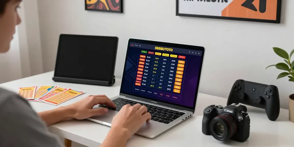 Person enjoying SERIBUTOTO platform for online lottery gaming in a modern home office.