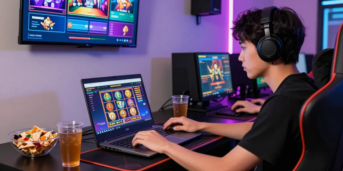 NAGAHITAM303: Pemain slot online antusias menggunakan laptop dengan tampilan situs dan suasana permainan yang energik.