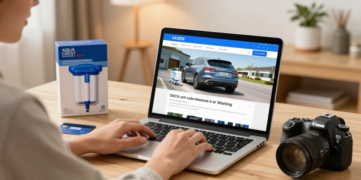 AQUA CREST Inline Water Filter, Dedicated for Car Washing showcased in an online shopping environment, featuring product review, best deals, and buyer's guide elements.
