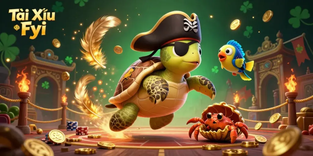 Tài Xỉu Fyi showcases vibrant 3D cartoon characters celebrating casino wins above treasure, ideal for gambling visuals.