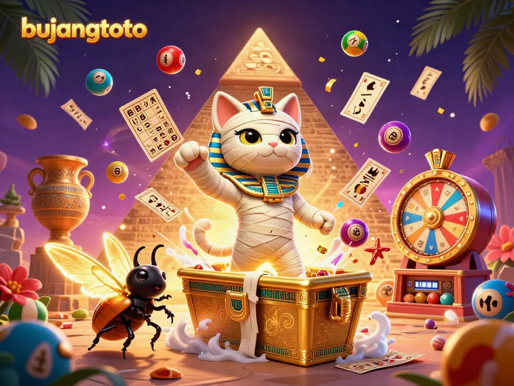 Engage in dynamic lottery action with bujangtoto, featuring colorful balls and an Egyptian mummy cat.
