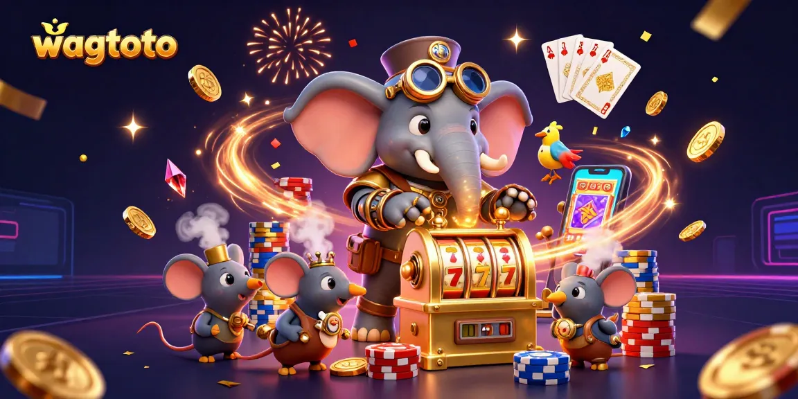 Spin the reels at wagtoto with a steampunk elephant engineer amid dazzling casino elements.
