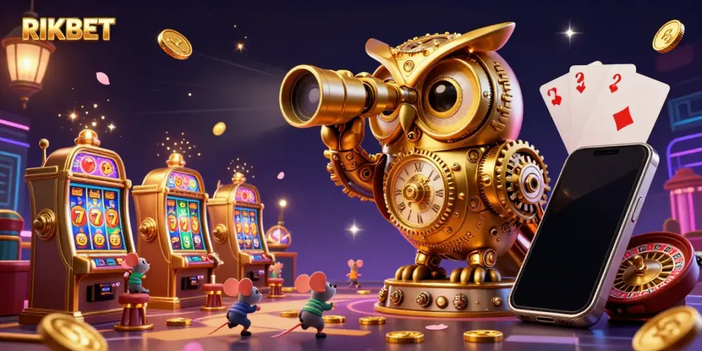Experience the vibrant casino atmosphere as RIKBET's golden owl oversees a bustling gaming floor.