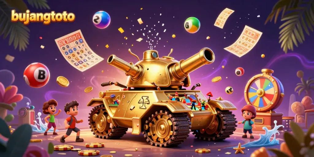 Win big with bujangtoto's colorful mini casino scene featuring a golden beetle tank.