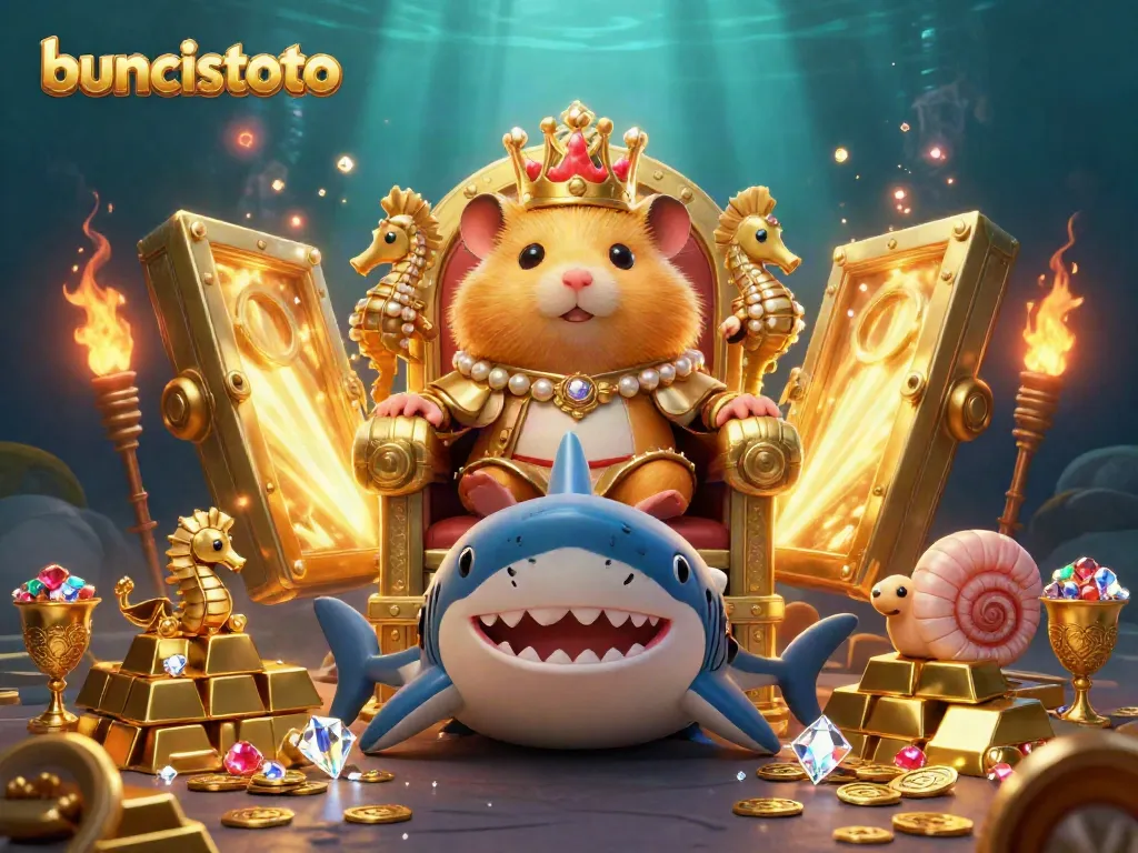 Gambar ilustrasi kasino 3D buncistoto dengan raja hamster dan harta karun yang cerah.