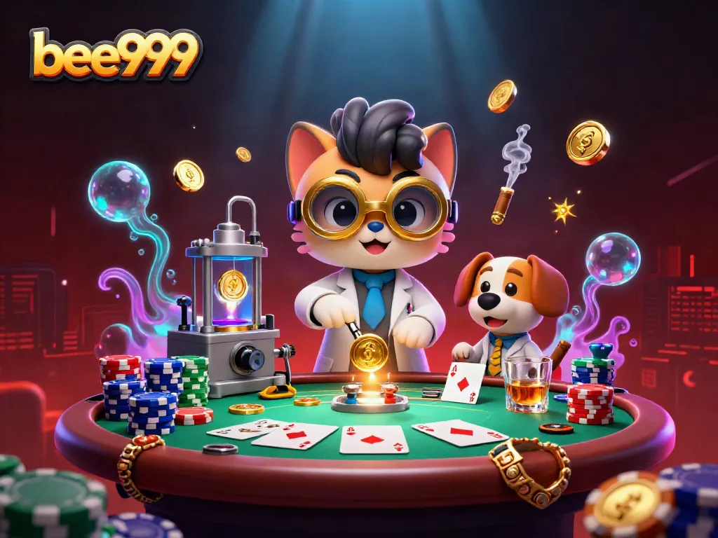 Experience thrilling poker action in bee999 with a mad scientist cat and a dog assistant amid gold coins.