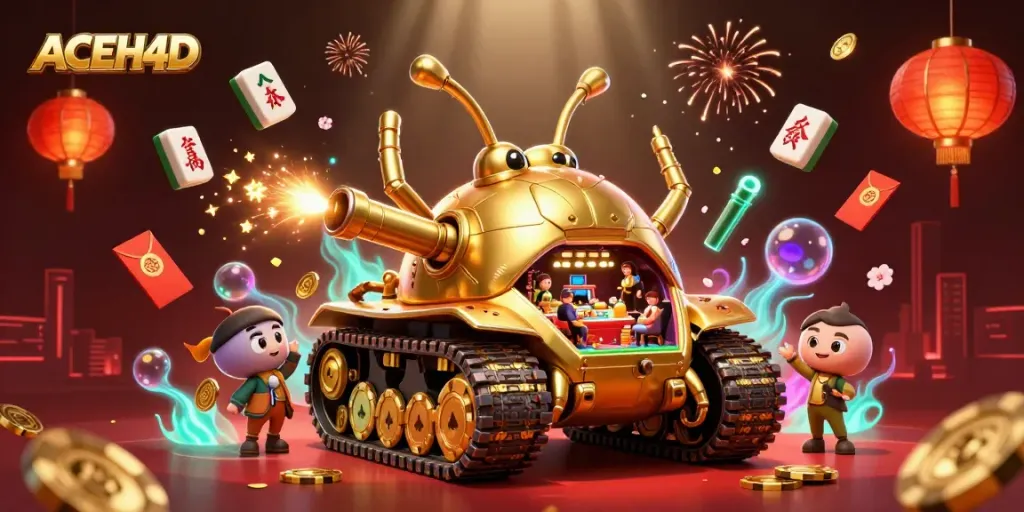 Experience the excitement of ACEH4D with a miniature casino inside a golden beetle tank, surrounded by vibrant gaming elements.