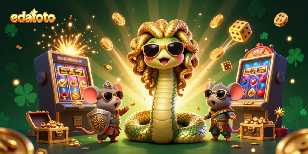 Experience thrilling casino excitement with edatoto in this vibrant jackpot scene featuring iconic symbols and characters.