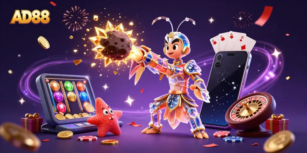 AD88 showcases an exciting 3D illustration of a mantis shrimp and starfish amidst gold coins and vibrant slot games.
