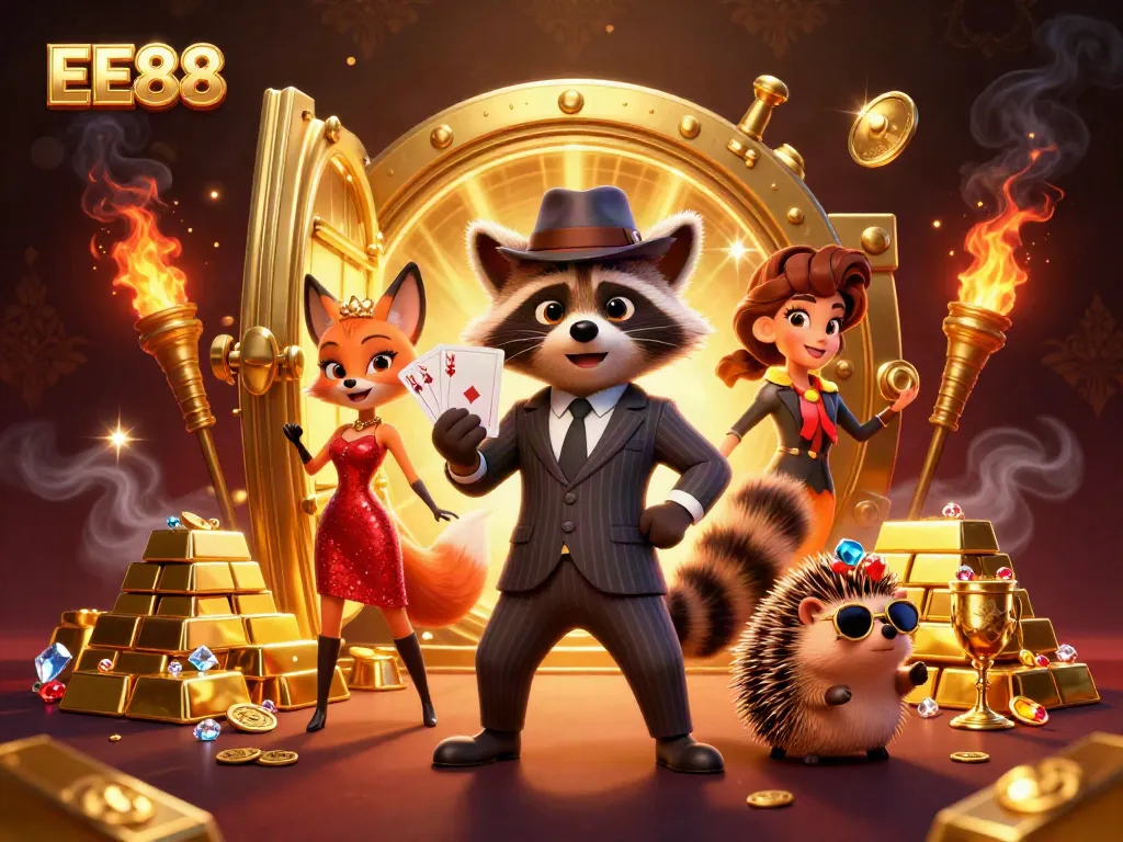 Engage with EE88 through a vibrant 3D illustration showcasing a royal flush and gold treasures.