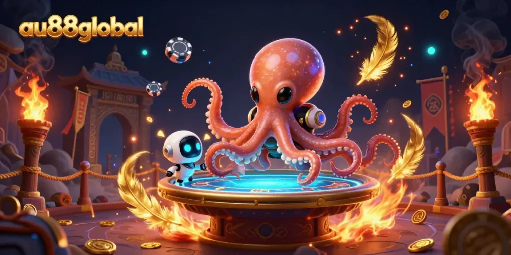 Engage with thrilling gameplay at au88global featuring a vibrant 3D octopus and robot at a holographic poker table.