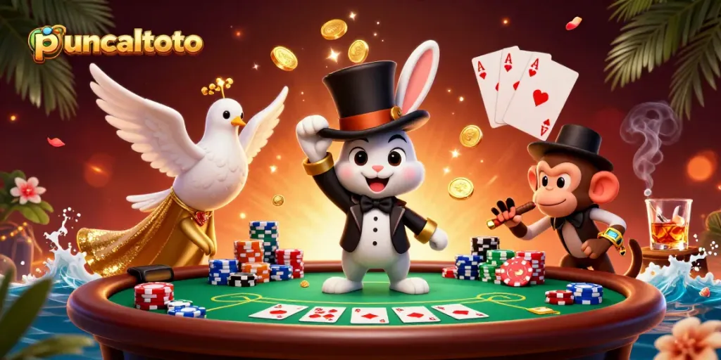Menggandakan keberuntungan di puncaktoto dengan karakter berwarna yang menampilkan permainan poker dan keajaiban uang.