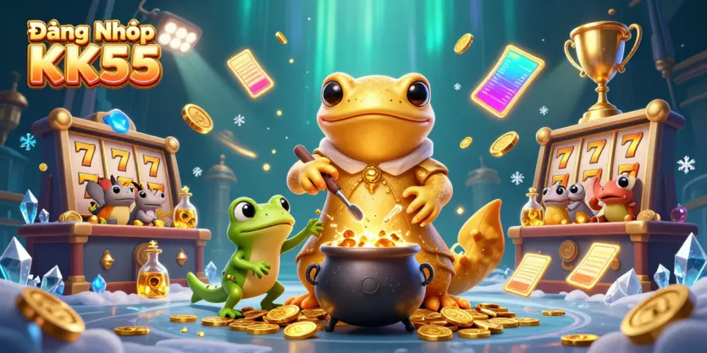 Engaging scene of Đăng Nhập KK55 with a golden salamander alchemist and gambling elements in an enchanting backdrop.