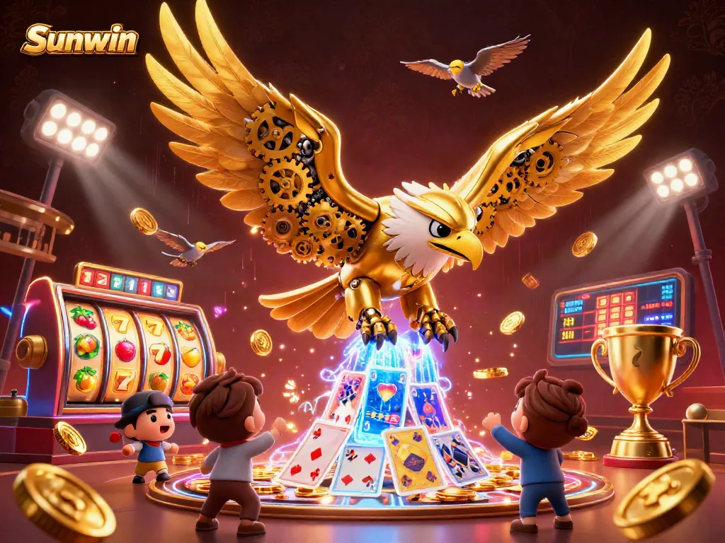 Engage with Sunwin through an exciting 3D scene featuring a diving eagle amidst slot games and dynamic gameplay elements.