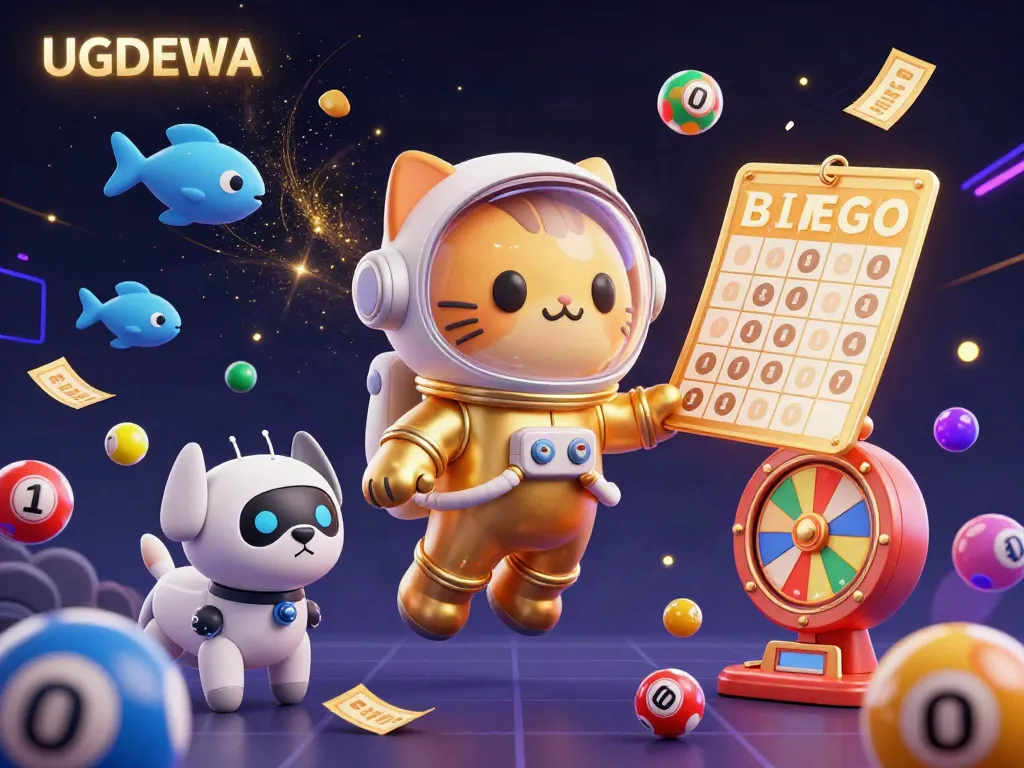 Experience winning excitement with UGDEWA in this vibrant 3D lottery scene filled with dynamic prize elements.