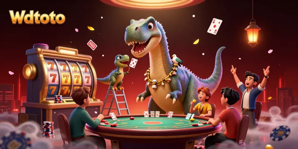 Menyaksikan permainan Wdtoto di kasino dengan dinosaurus besar dan kartu yang mengelilingi.