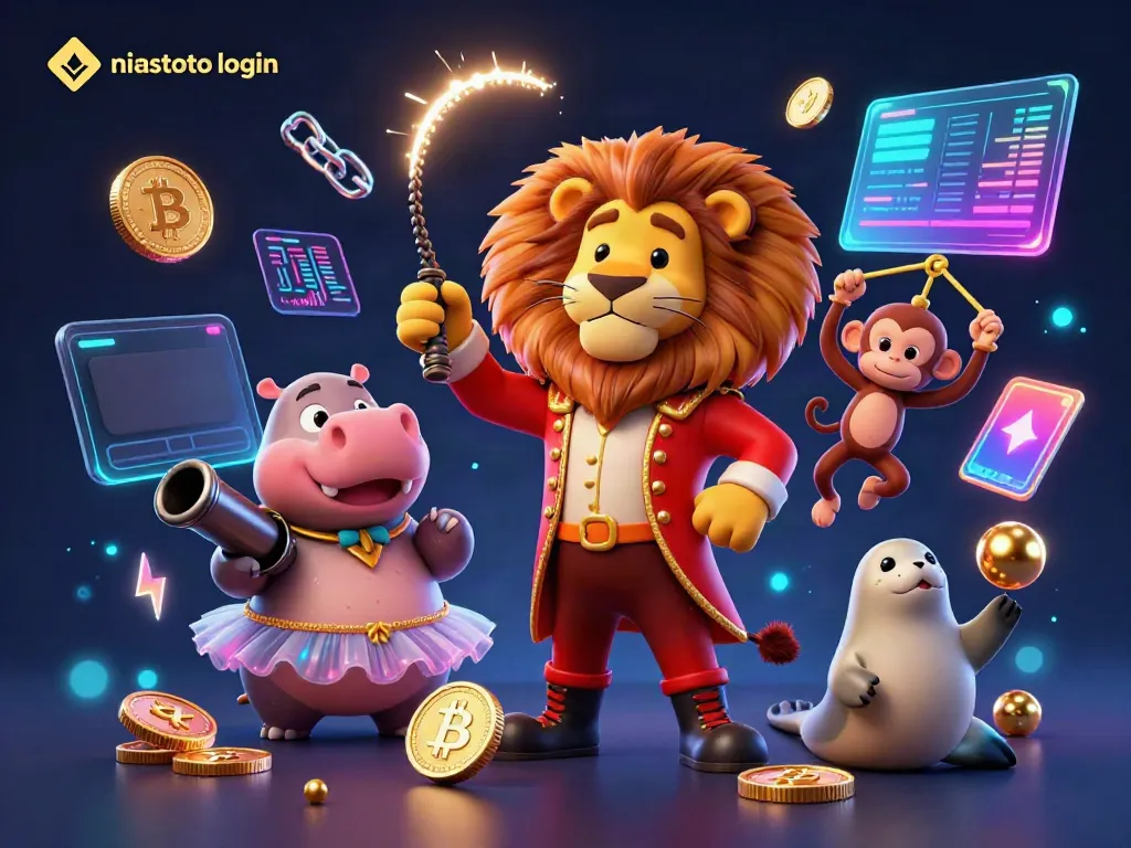 Visualisasi menarik dari niastoto login, dengan karakter kartun sirkus dan elemen kasino digital.