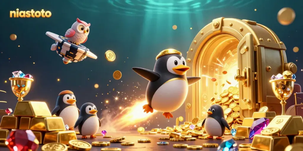 Experience the thrilling universe of niastoto with a golden penguin navigating a dazzling space casino.