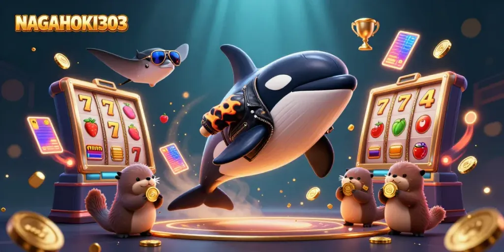 NAGAHOKI303 presents a vibrant 3D illustration of casino-themed characters celebrating big wins through engaging slot games.