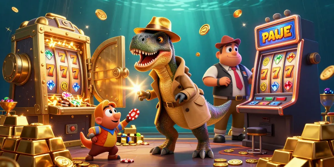 medan toto menunjukkan velociraptor bermain mesin slot sambil mencuri chip di kasino
