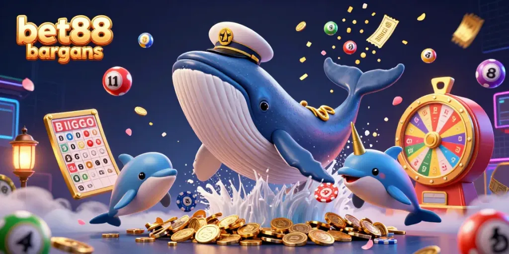 Experience the excitement of bet88 bargains as a playful dolphin flips poker chips amidst a sea of coins and lottery elements.