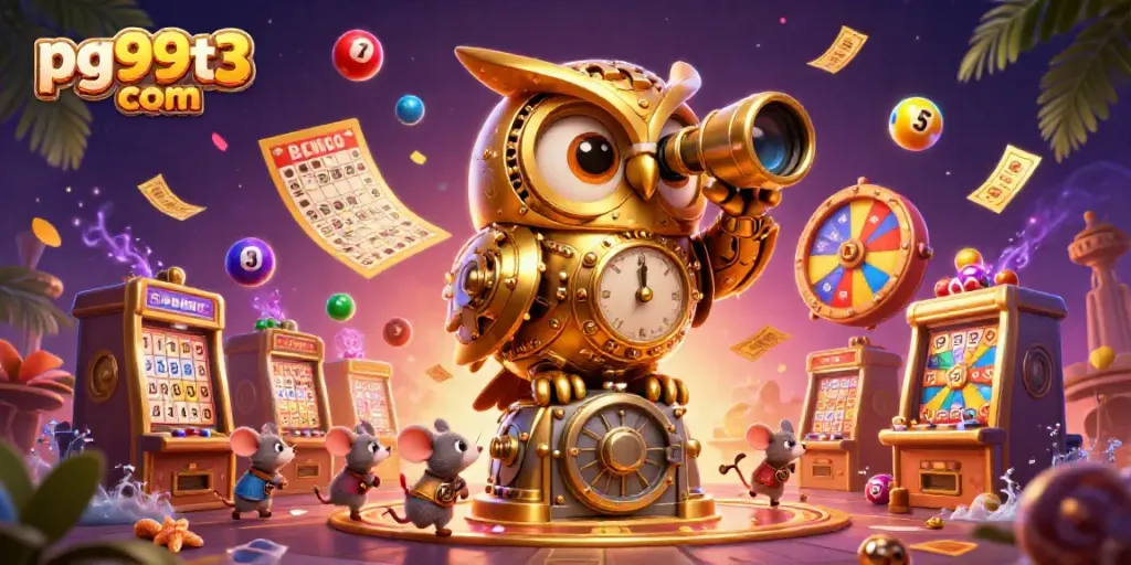 Engage with pg99t3 com in this vibrant casino scene featuring a golden owl and playful mice.