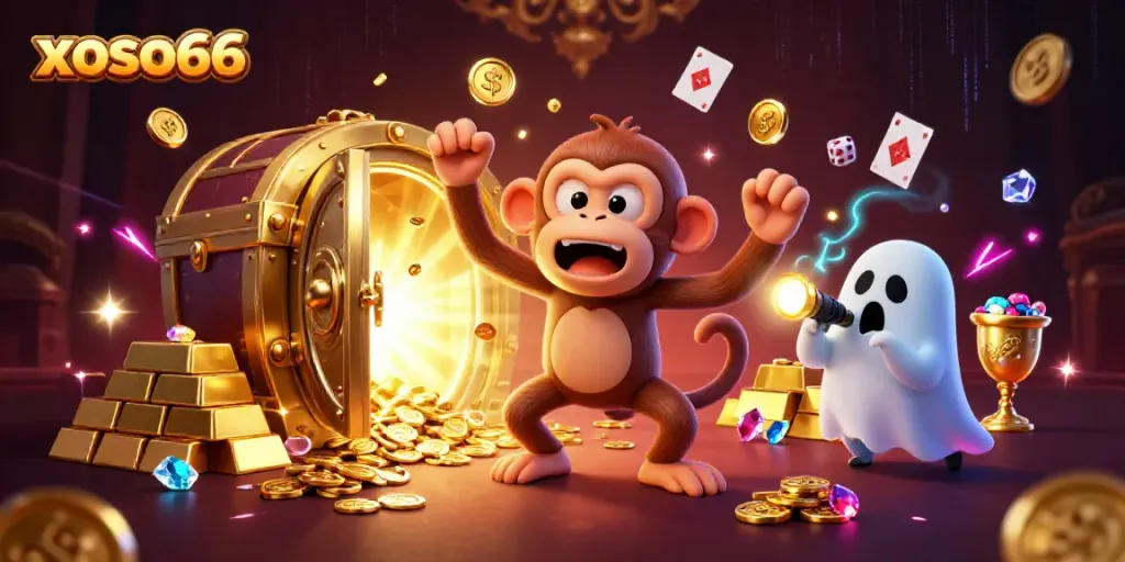 Experience the thrill of xoso66 with a mischievous monkey juggling gold in a haunted casino, capturing excitement.