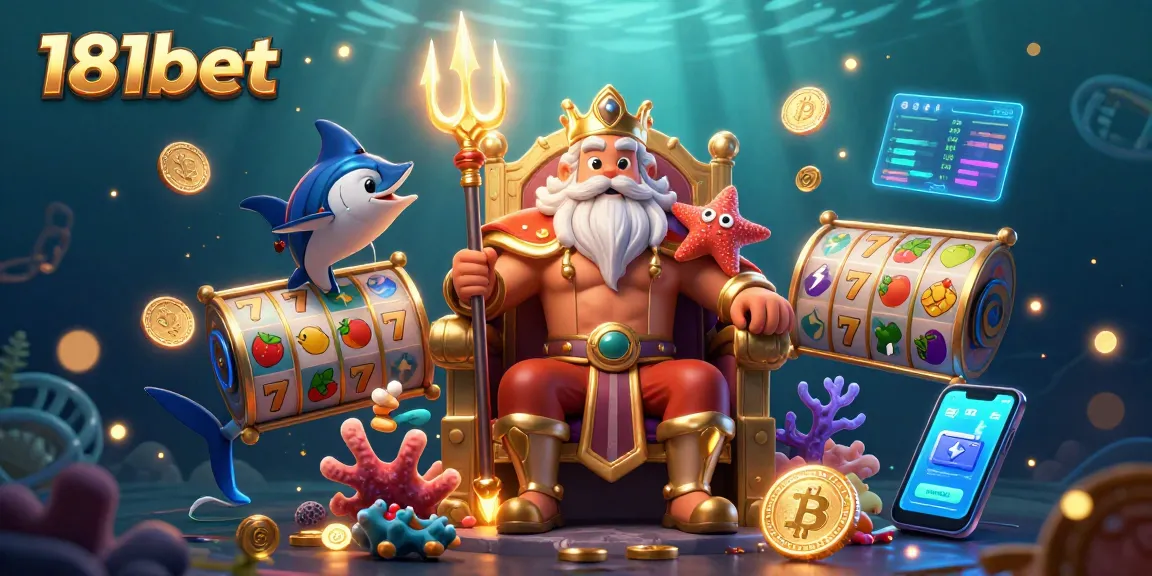 Win big at 181bet with exciting slot games and vibrant underwater scenery in this colorful casino illustration.