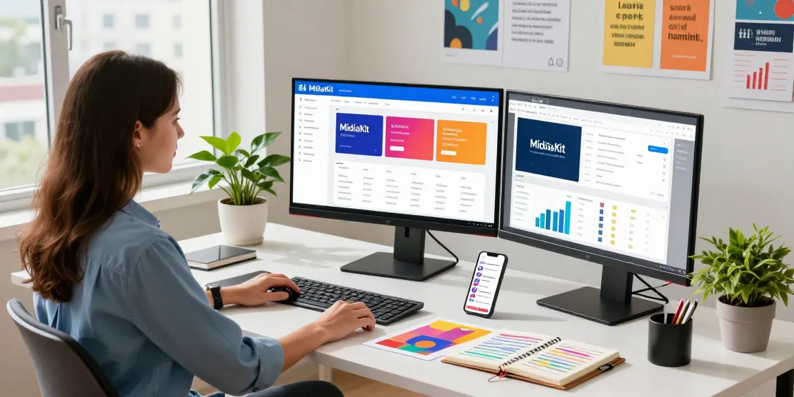 Engaging digital marketing workspace showcasing MidiaKit templates and analytics.