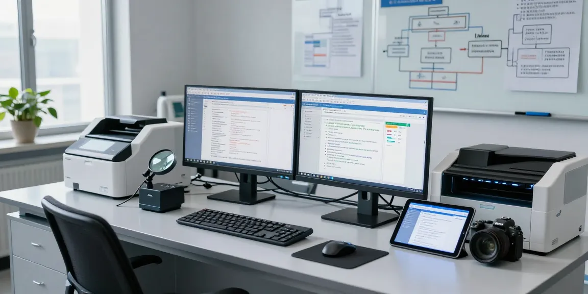Document fraud detection analysis in a high-tech lab with dual monitors and forensic tools.