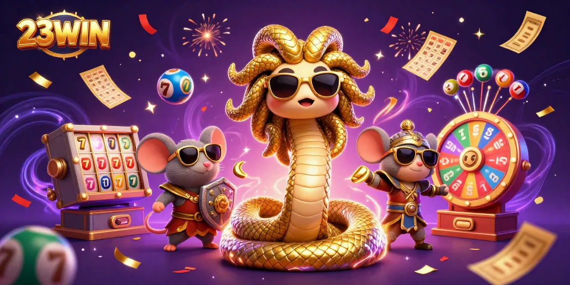 Win big with 23WIN's vibrant lottery scene featuring exciting animated elements and characters.