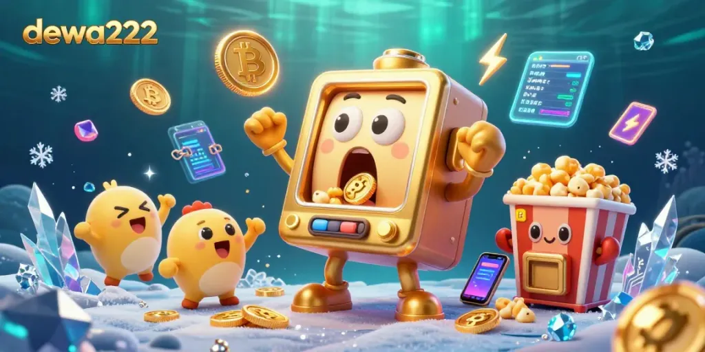 Experience thrilling winnings with dewa222's lively slot machines, vibrant coins, and crypto elements in this engaging casino scene.