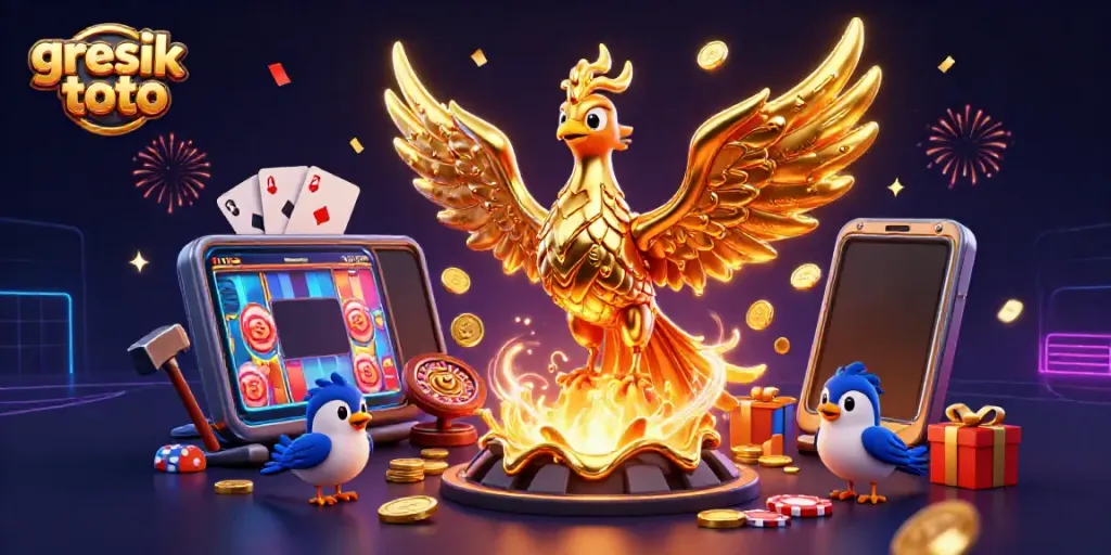 Experience thrilling action with Gresik Toto, featuring a molten gold phoenix and vibrant casino games.