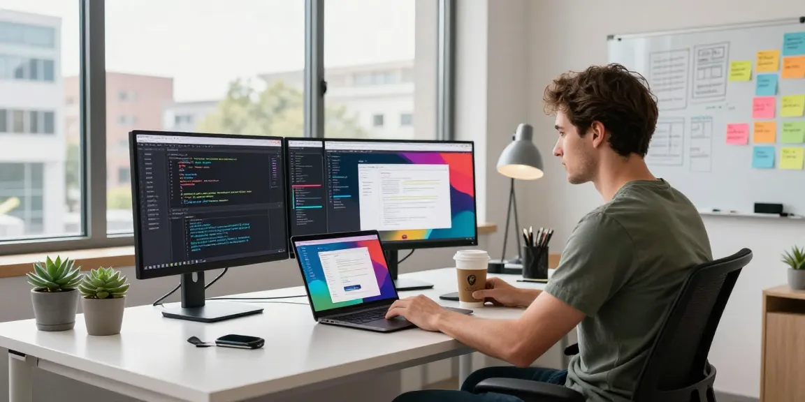 website developer near me coding at a modern tech office workspace with multiple monitors and vibrant design elements