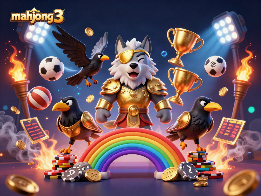 Engage with mahjong 3 in this vibrant 3D casino fantasy showcasing Odin, ravens, and sports elements.