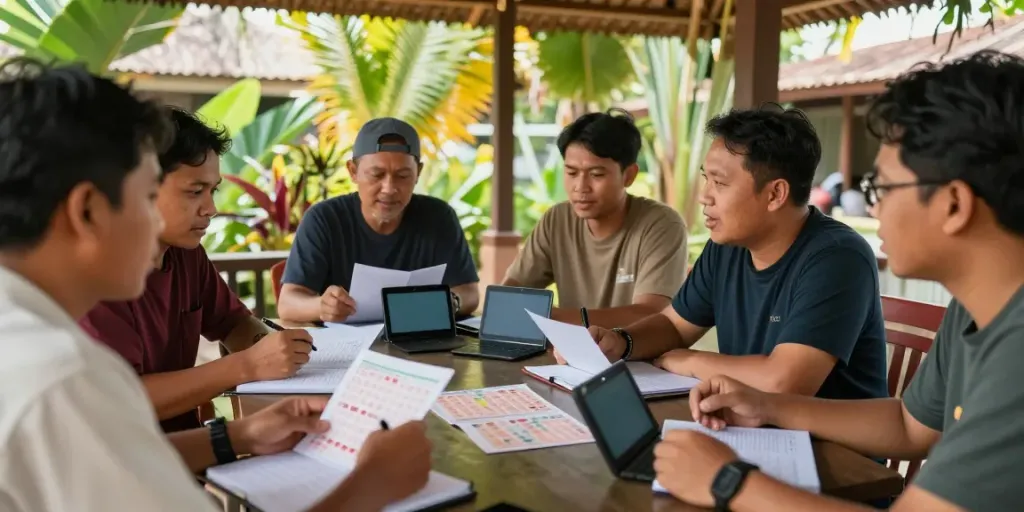 Diskusi intensif di BUKUMIMPI138 tentang strategi angka togel di bawah gazebo tradisional Indonesia.