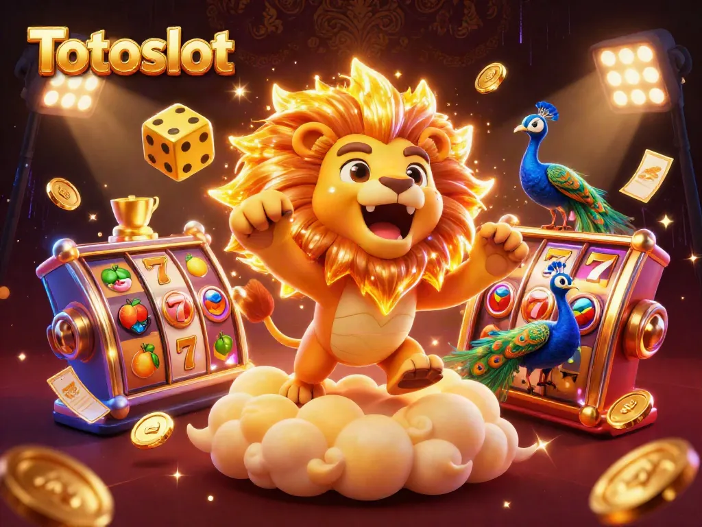 Totoslot menampilkan singa matahari kartun dengan elemen jackpot slot yang menarik dalam ilustrasi kasinonya.