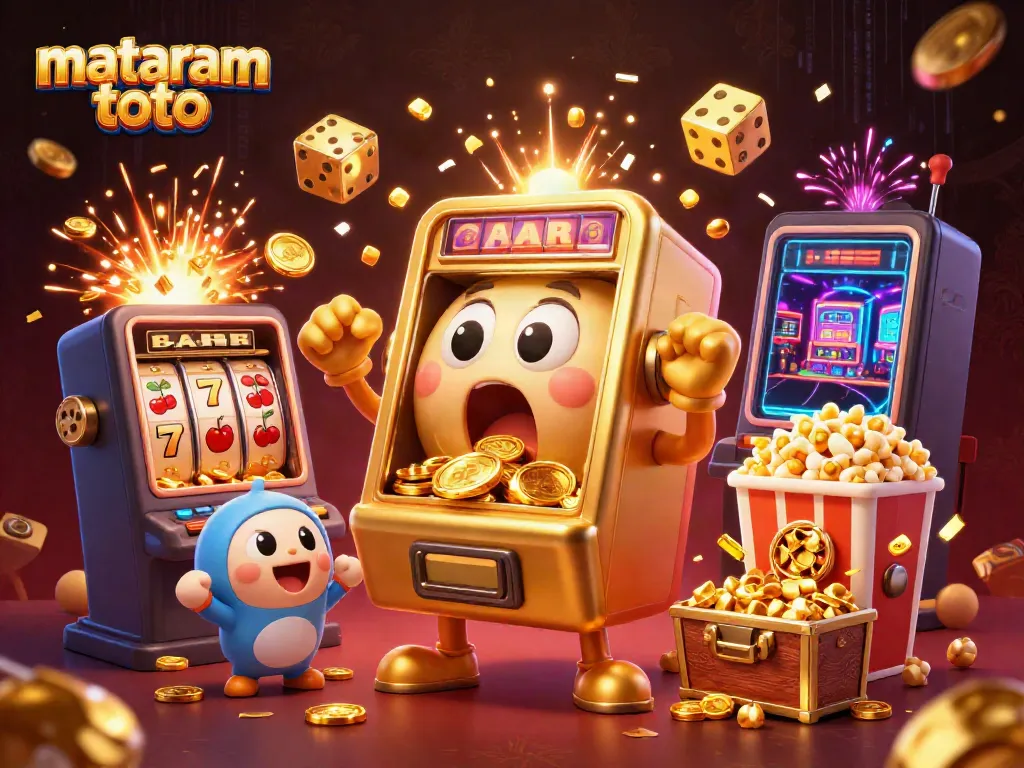 Experience the excitement of mataram toto with a joyful slot machine celebrating a jackpot win amidst dynamic casino elements.